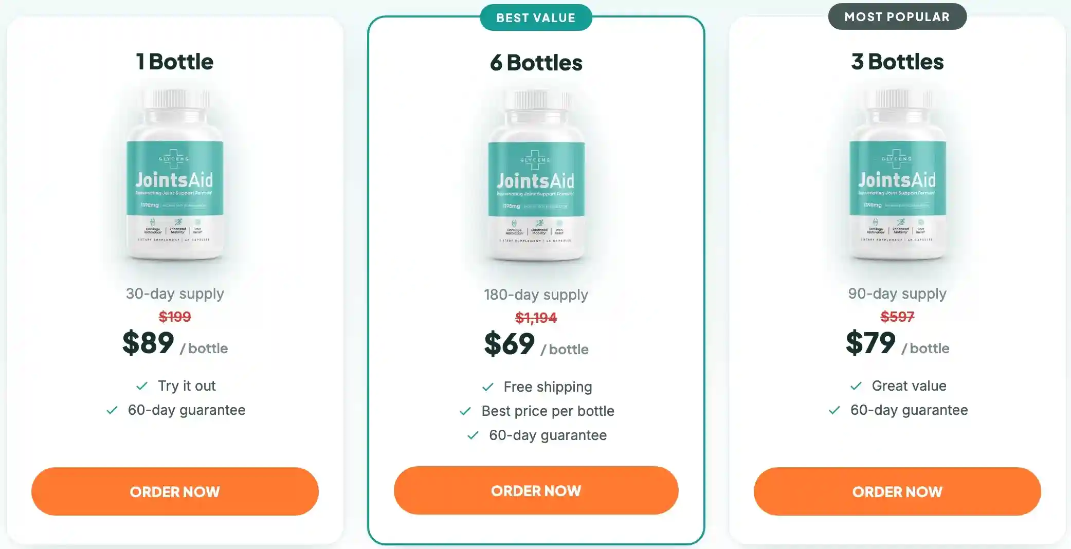 JointsAid Pricing Packages 1 Bottle 3 Bottle 6 Bottle
